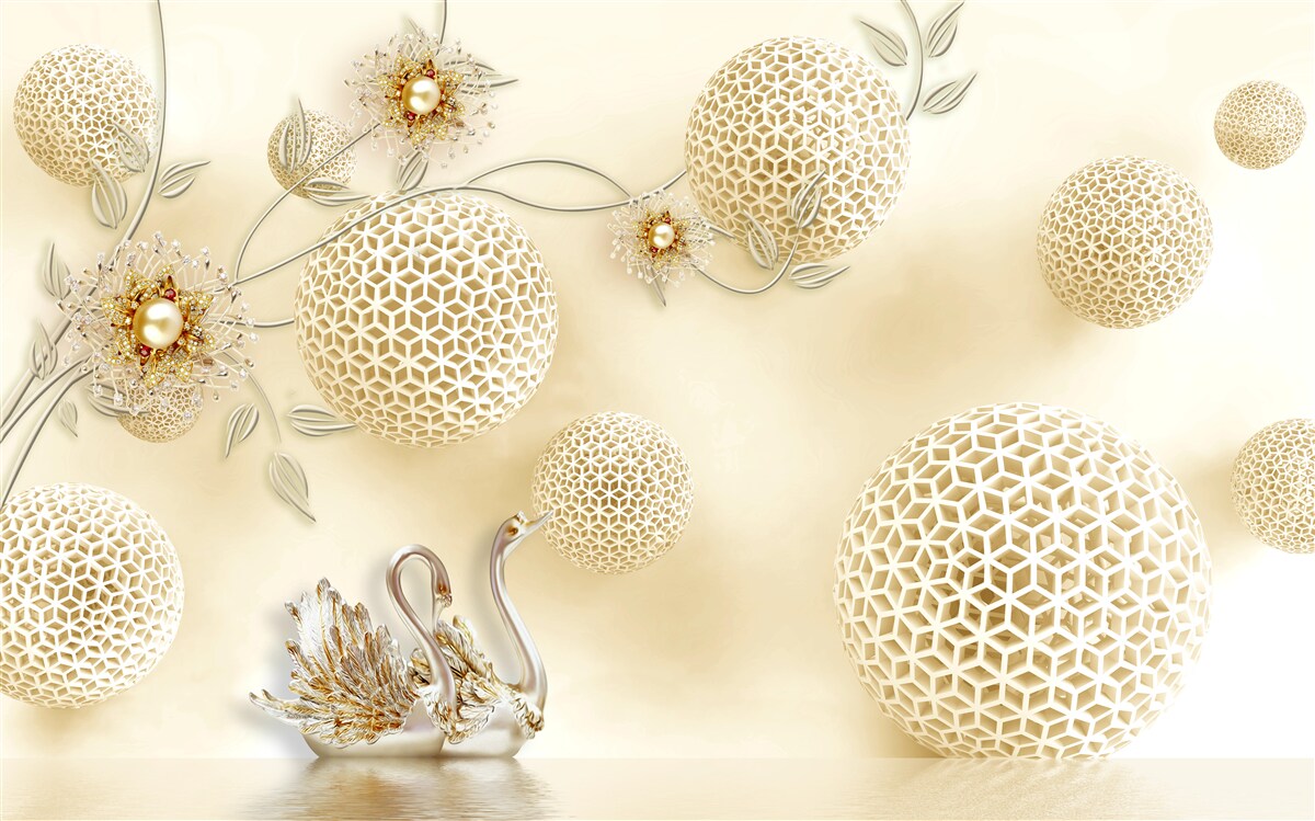 Papier peint Les cygnes planent dans le ciel et les fleurs s'éclaircissent comme du bronze.