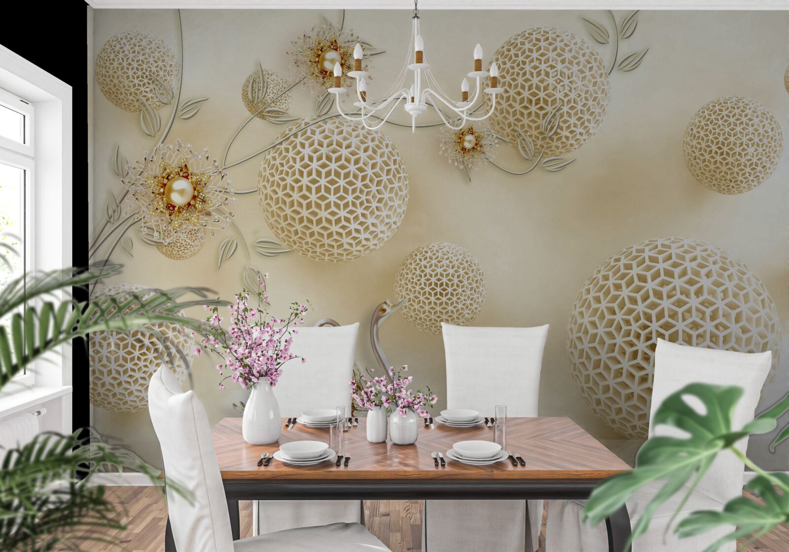 Papier peint Les cygnes planent dans le ciel et les fleurs s'éclaircissent comme du bronze.