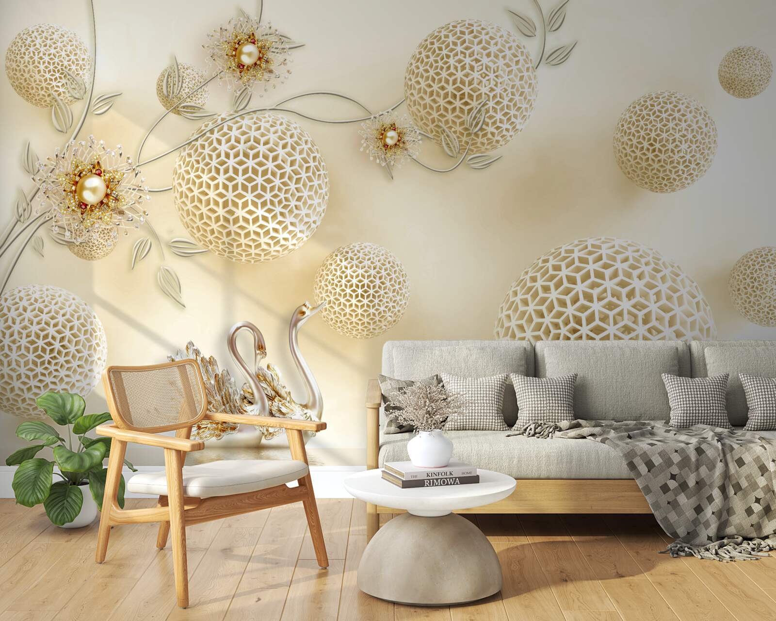 Papier peint Les cygnes planent dans le ciel et les fleurs s'éclaircissent comme du bronze.