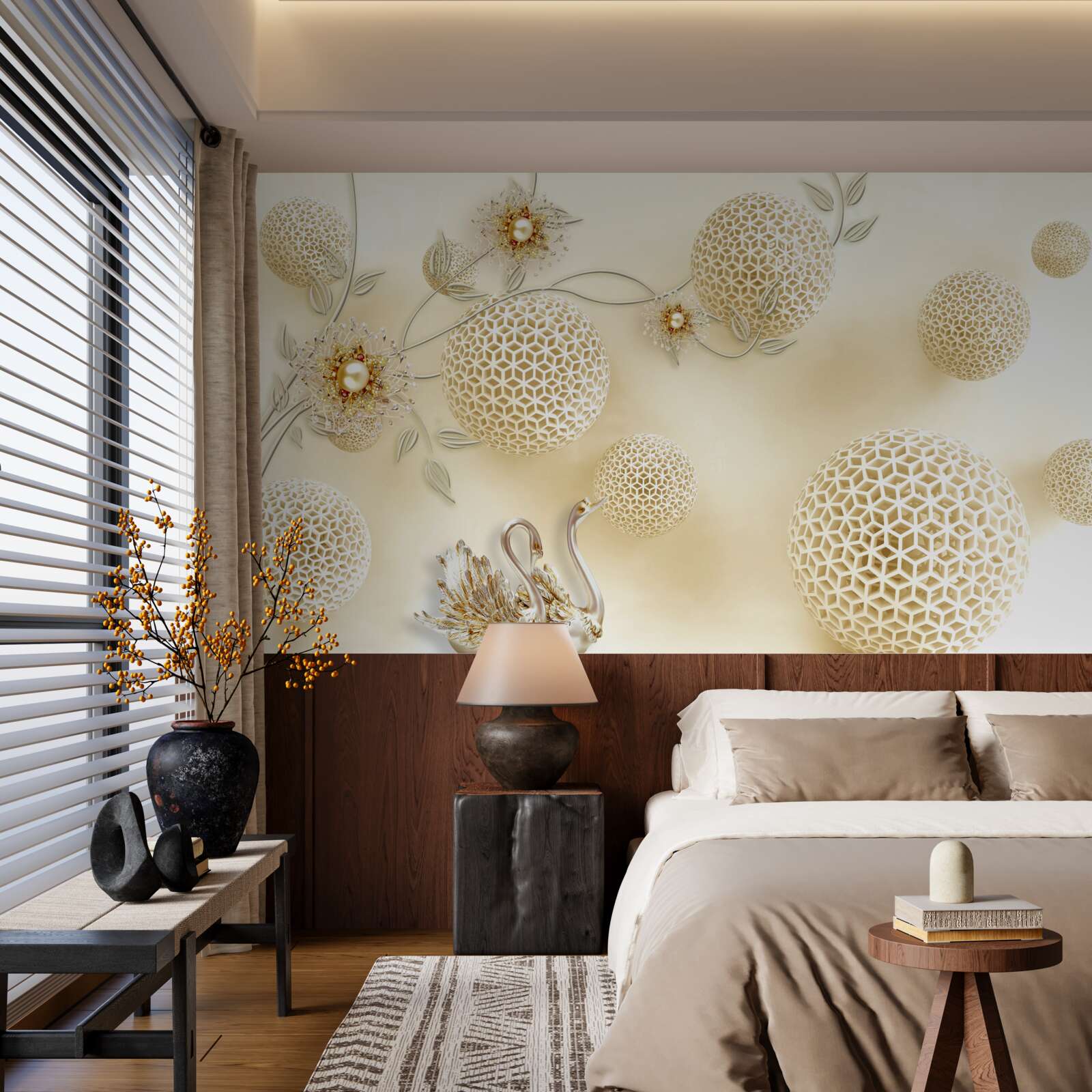 Papier peint Les cygnes planent dans le ciel et les fleurs s'éclaircissent comme du bronze.