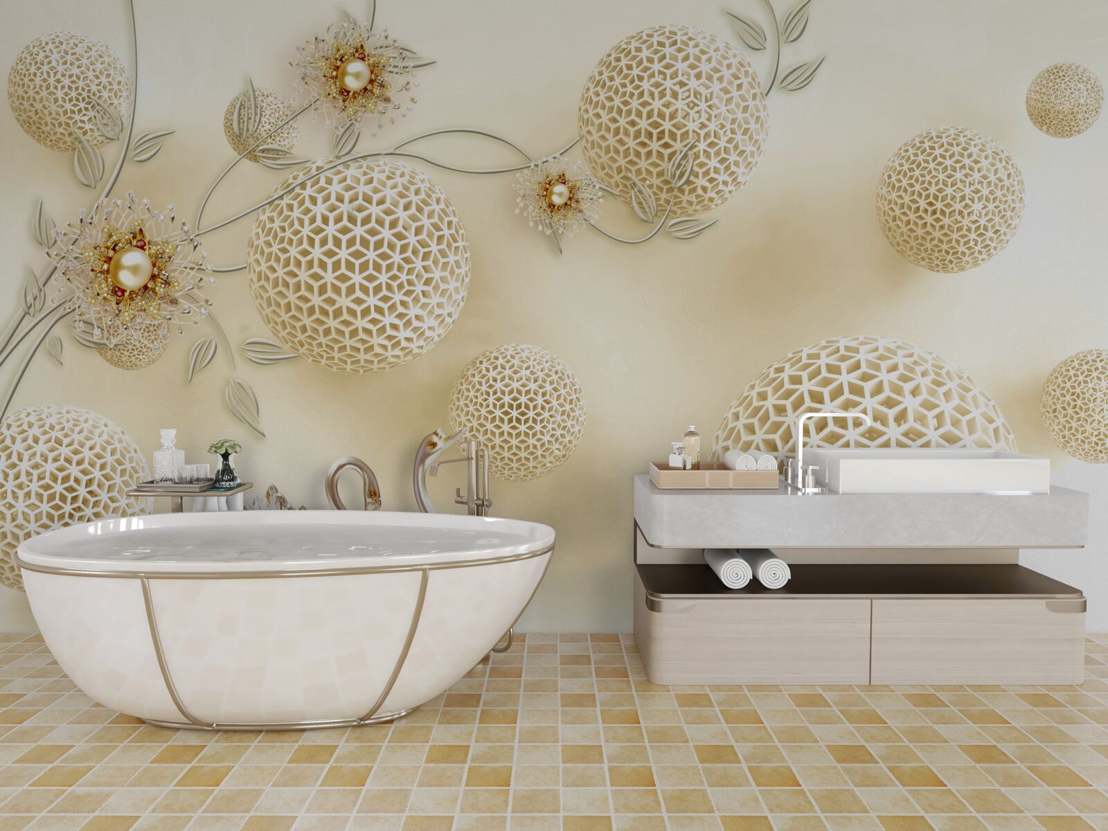 Papier peint Les cygnes planent dans le ciel et les fleurs s'éclaircissent comme du bronze.