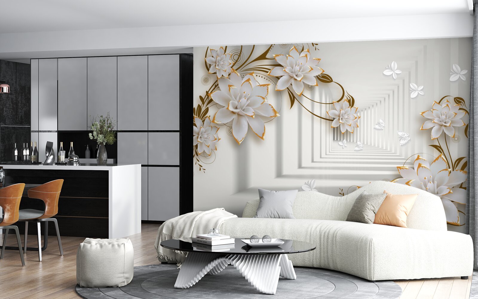 Papier peint décorations dorées sur des lotus blancs dans le couloir