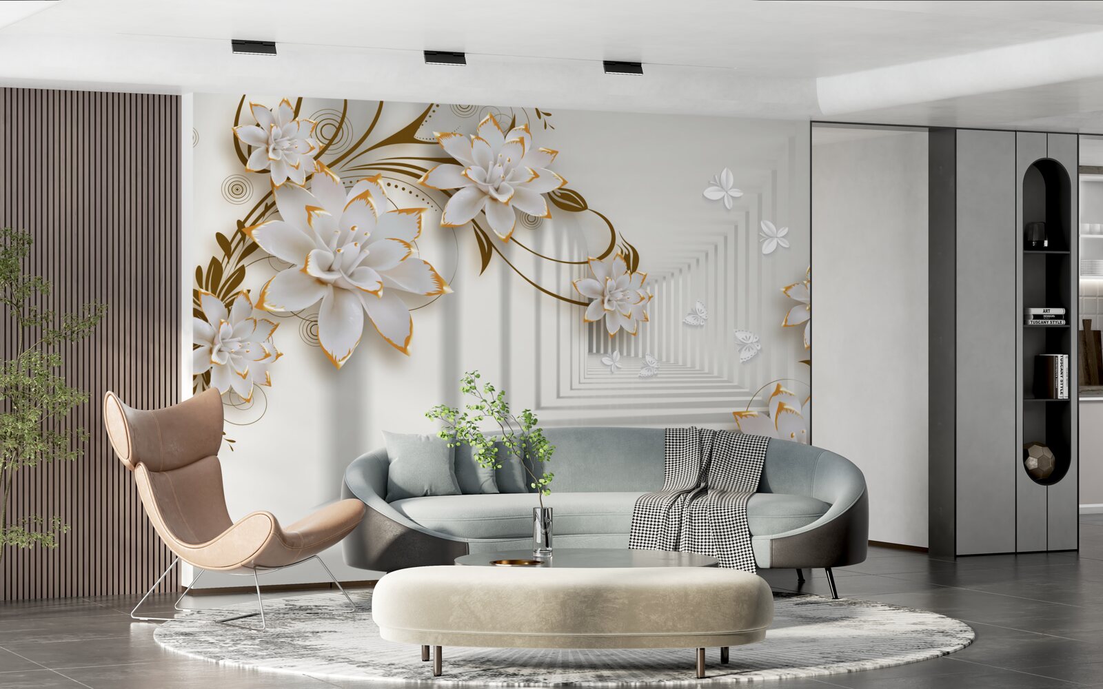 Papier peint décorations dorées sur des lotus blancs dans le couloir