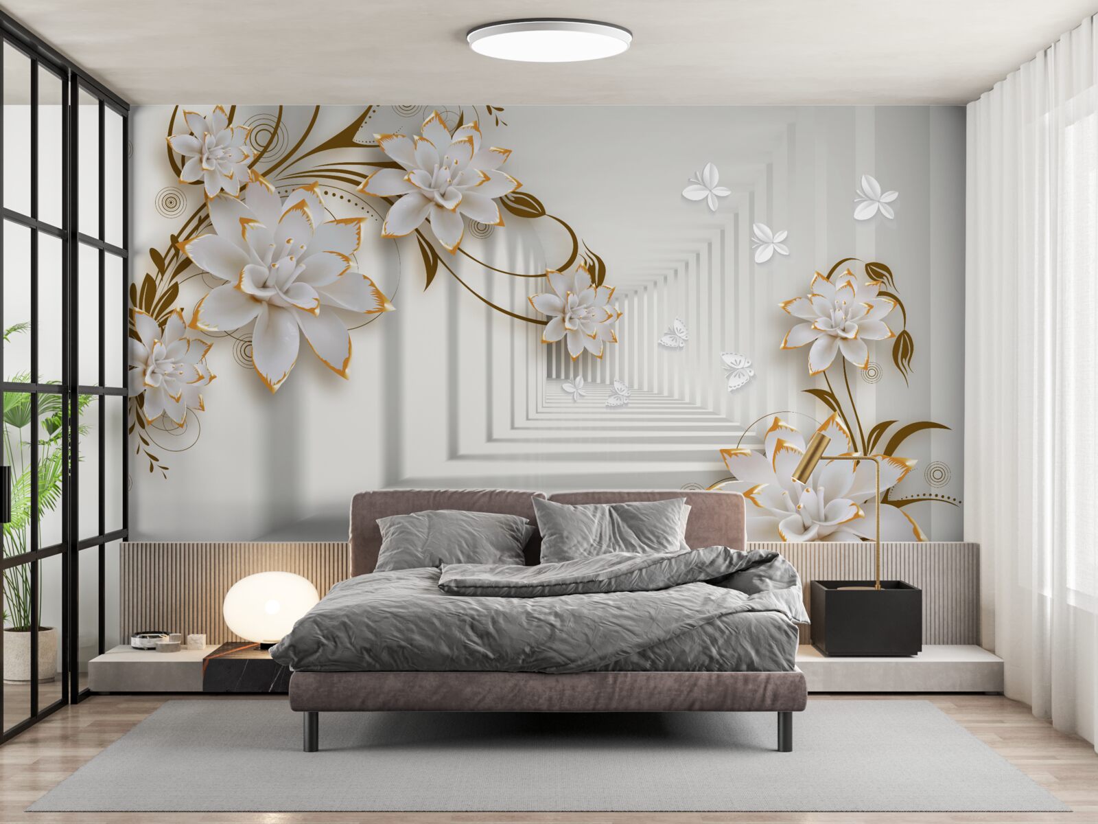 Papier peint décorations dorées sur des lotus blancs dans le couloir