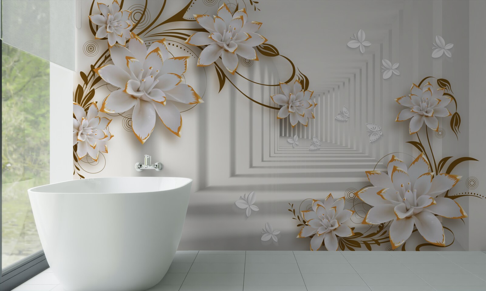 Papier peint décorations dorées sur des lotus blancs dans le couloir