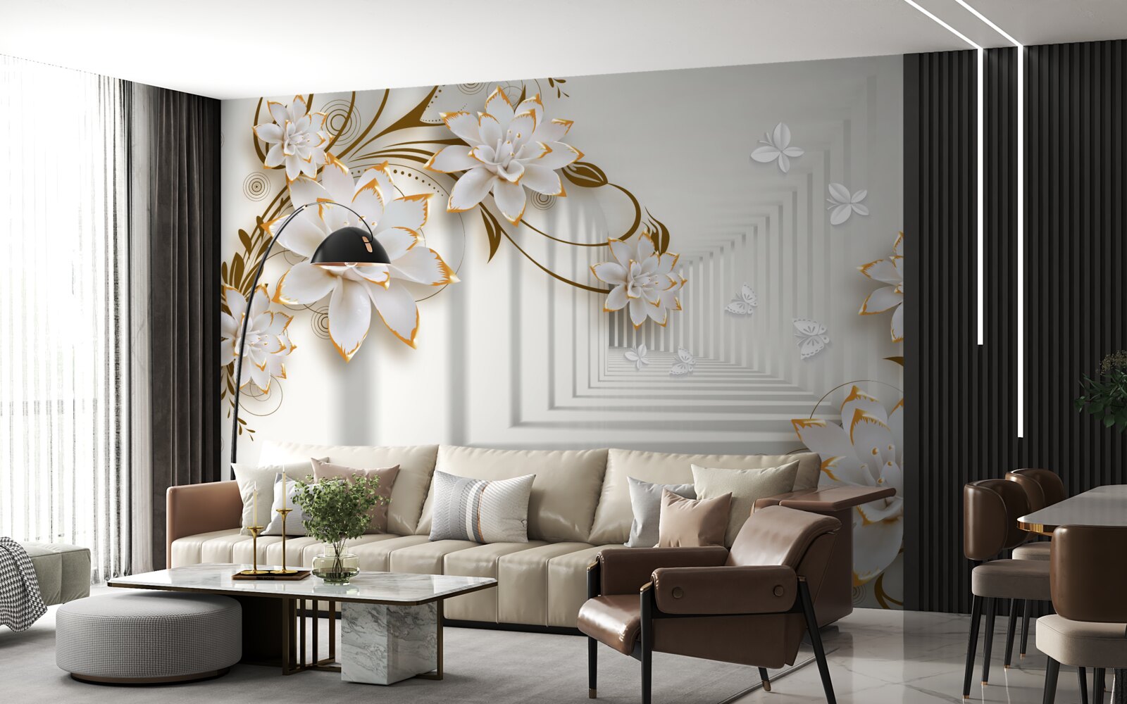 Papier peint décorations dorées sur des lotus blancs dans le couloir