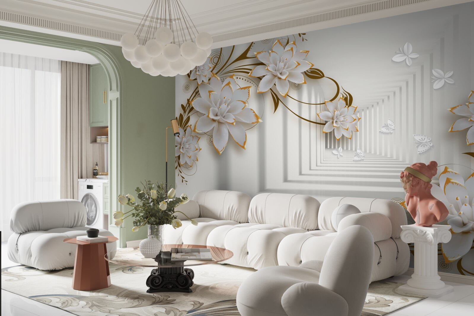 Papier peint décorations dorées sur des lotus blancs dans le couloir