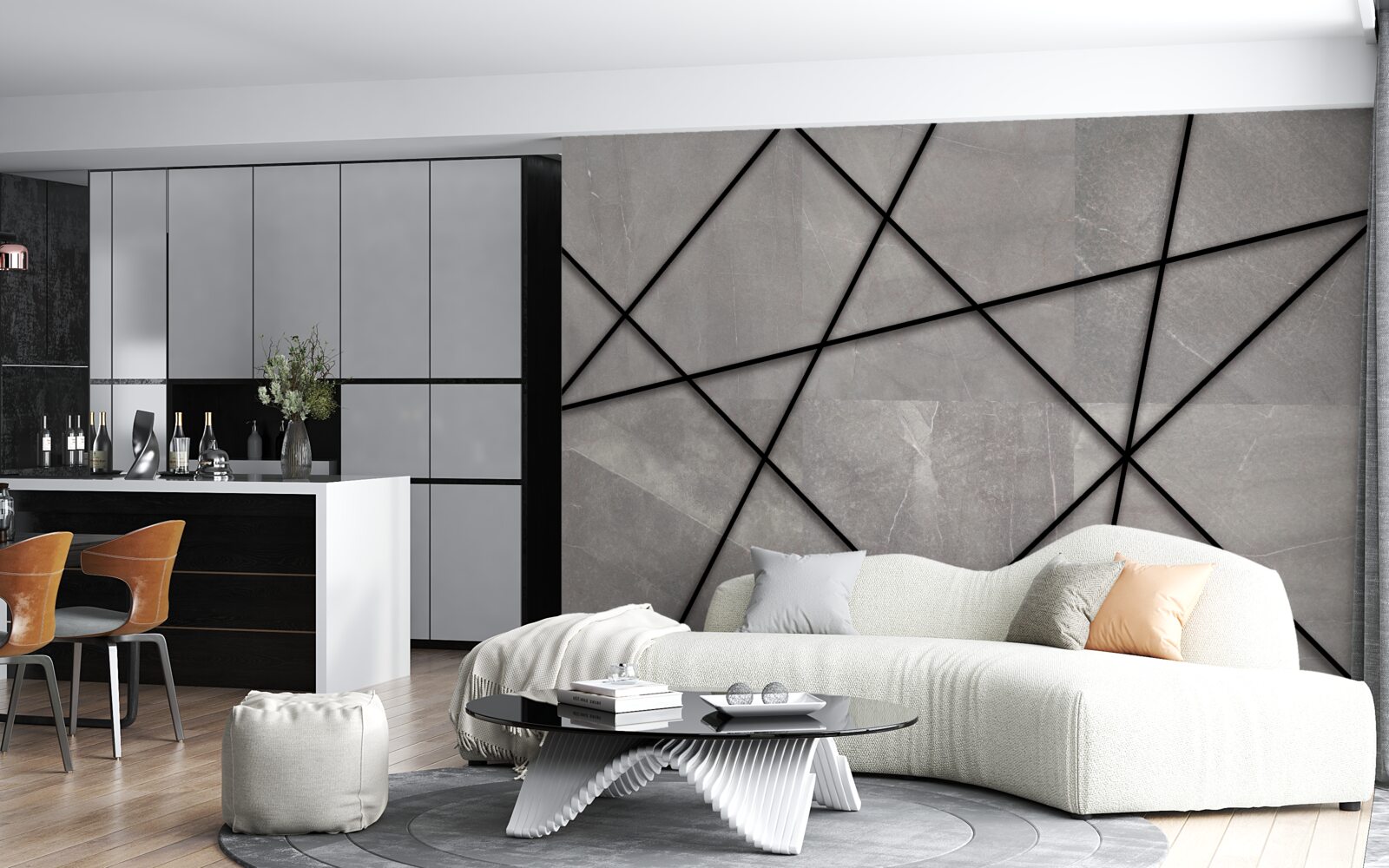 Papier peint contours noirs sur fond gris