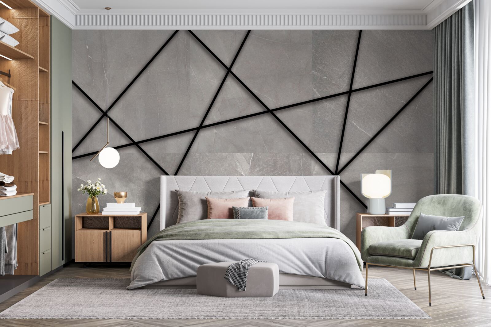 Papier peint contours noirs sur fond gris