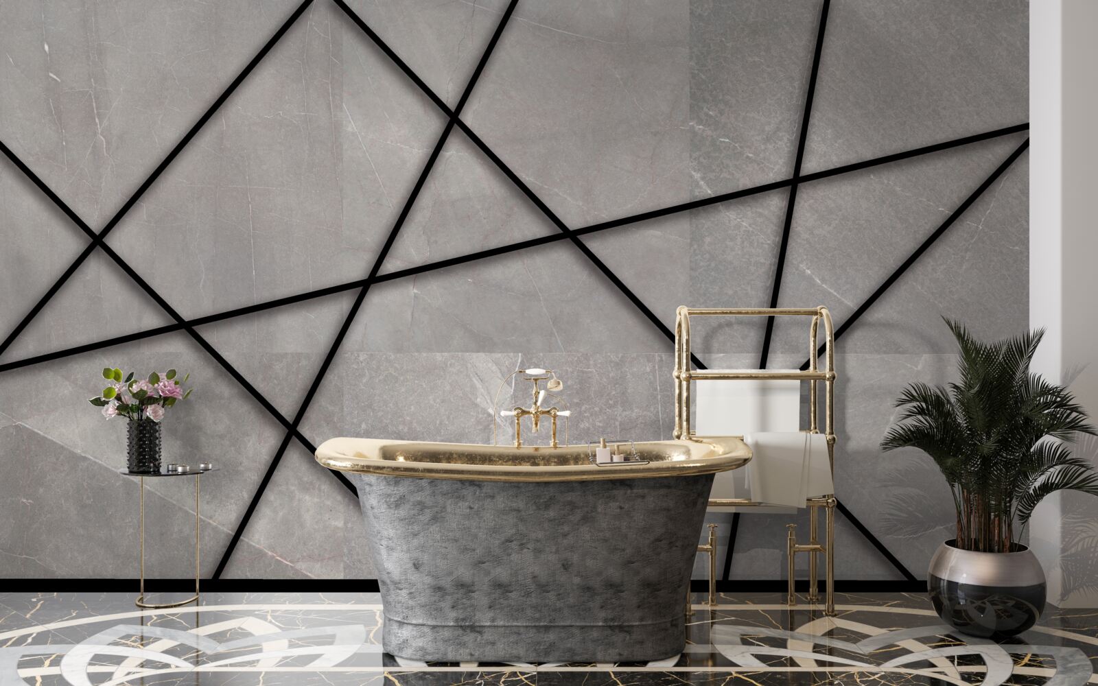 Papier peint contours noirs sur fond gris