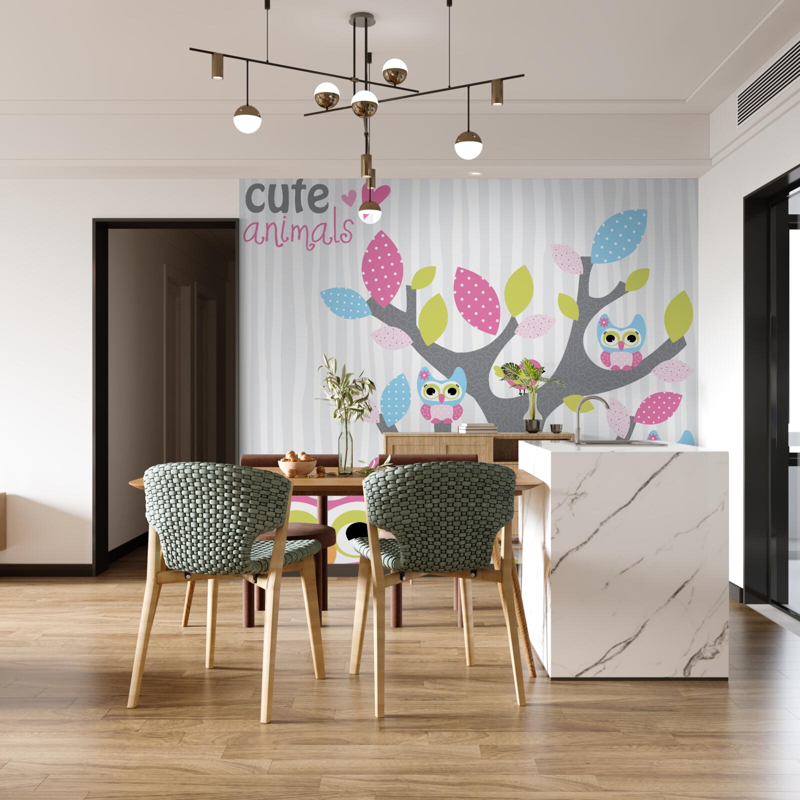 Papier peint poussins de chouettes sur les branches