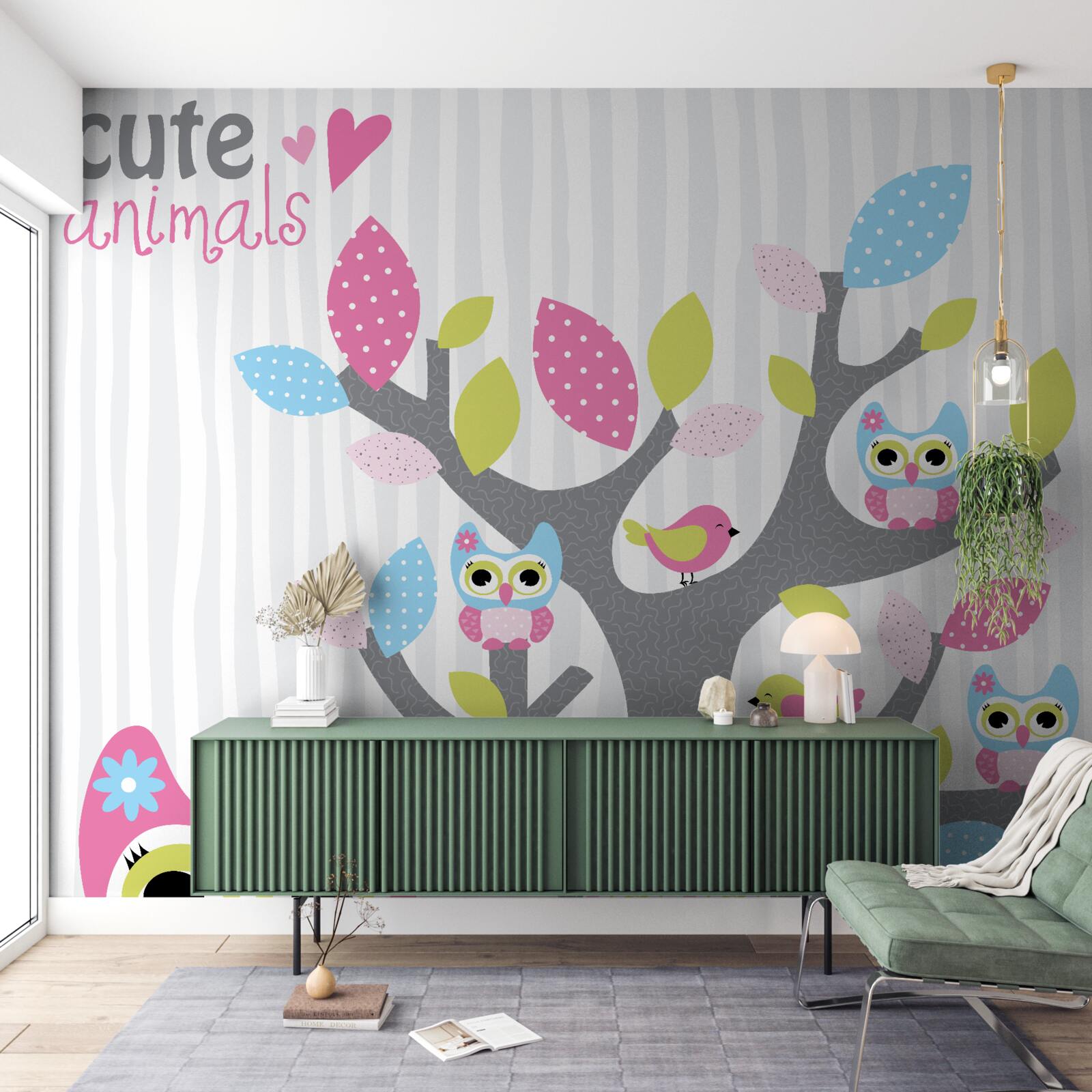 Papier peint poussins de chouettes sur les branches