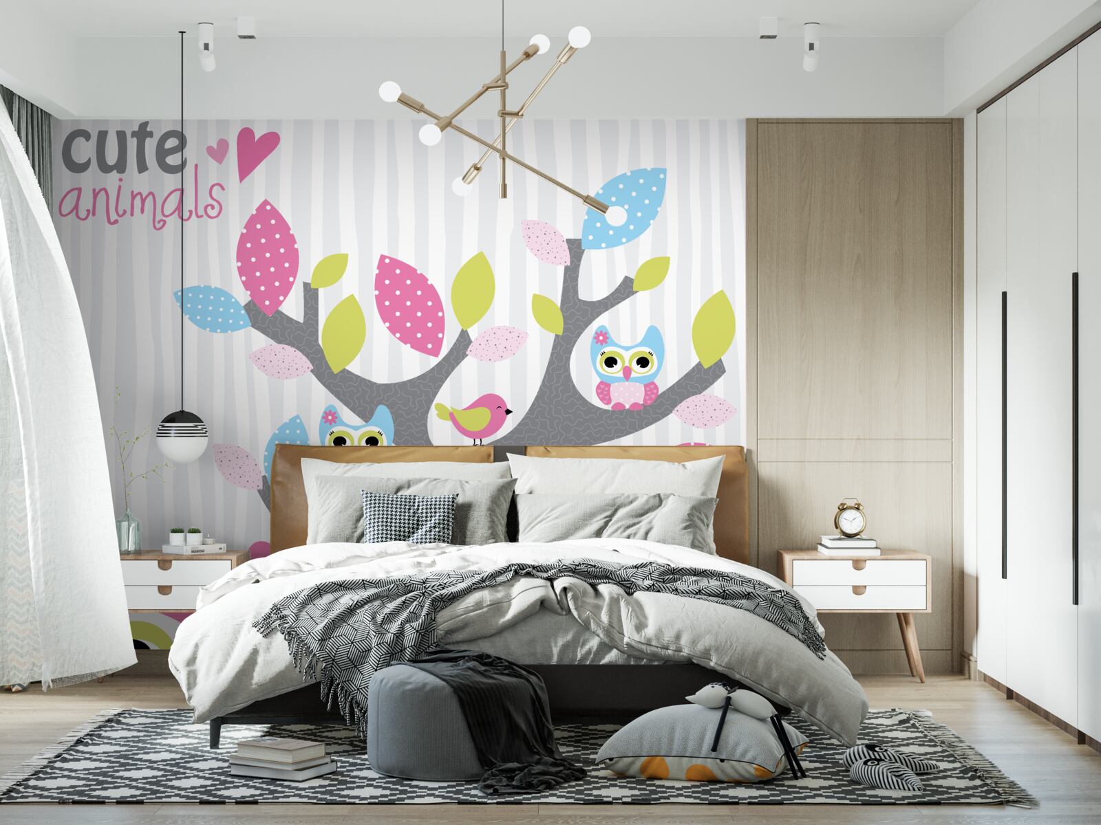 Papier peint poussins de chouettes sur les branches