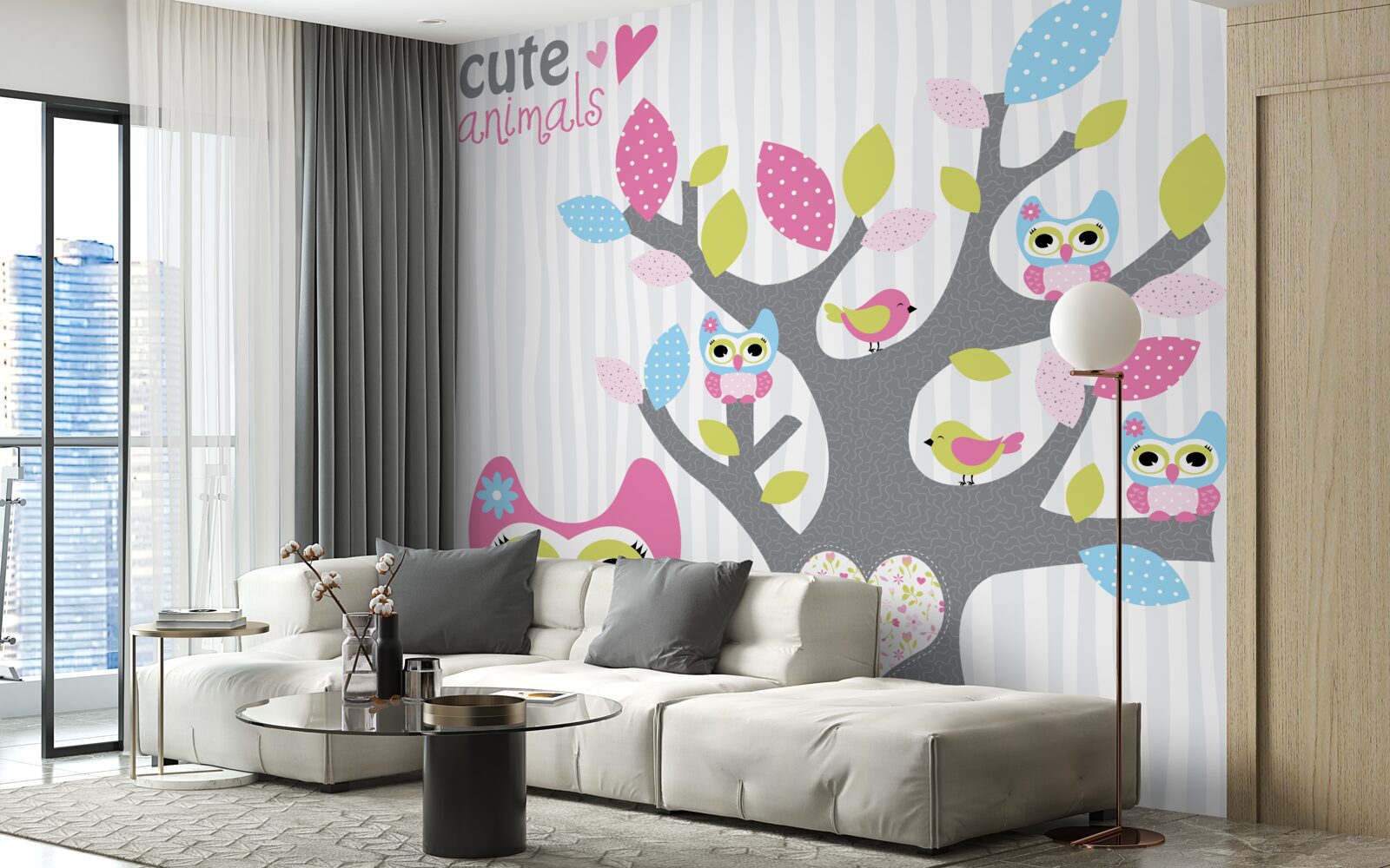 Papier peint poussins de chouettes sur les branches