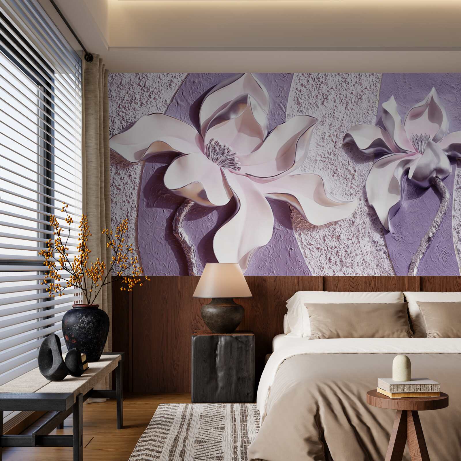 Papier peint lys blanc en porcelaine décoré de pierres