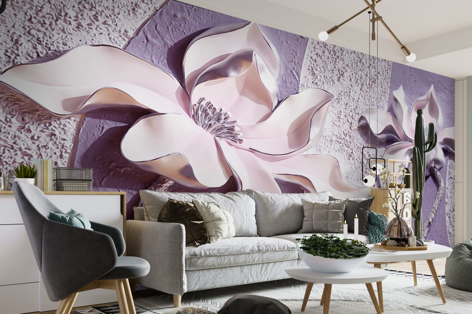 Papier peint lys blanc en porcelaine décoré de pierres