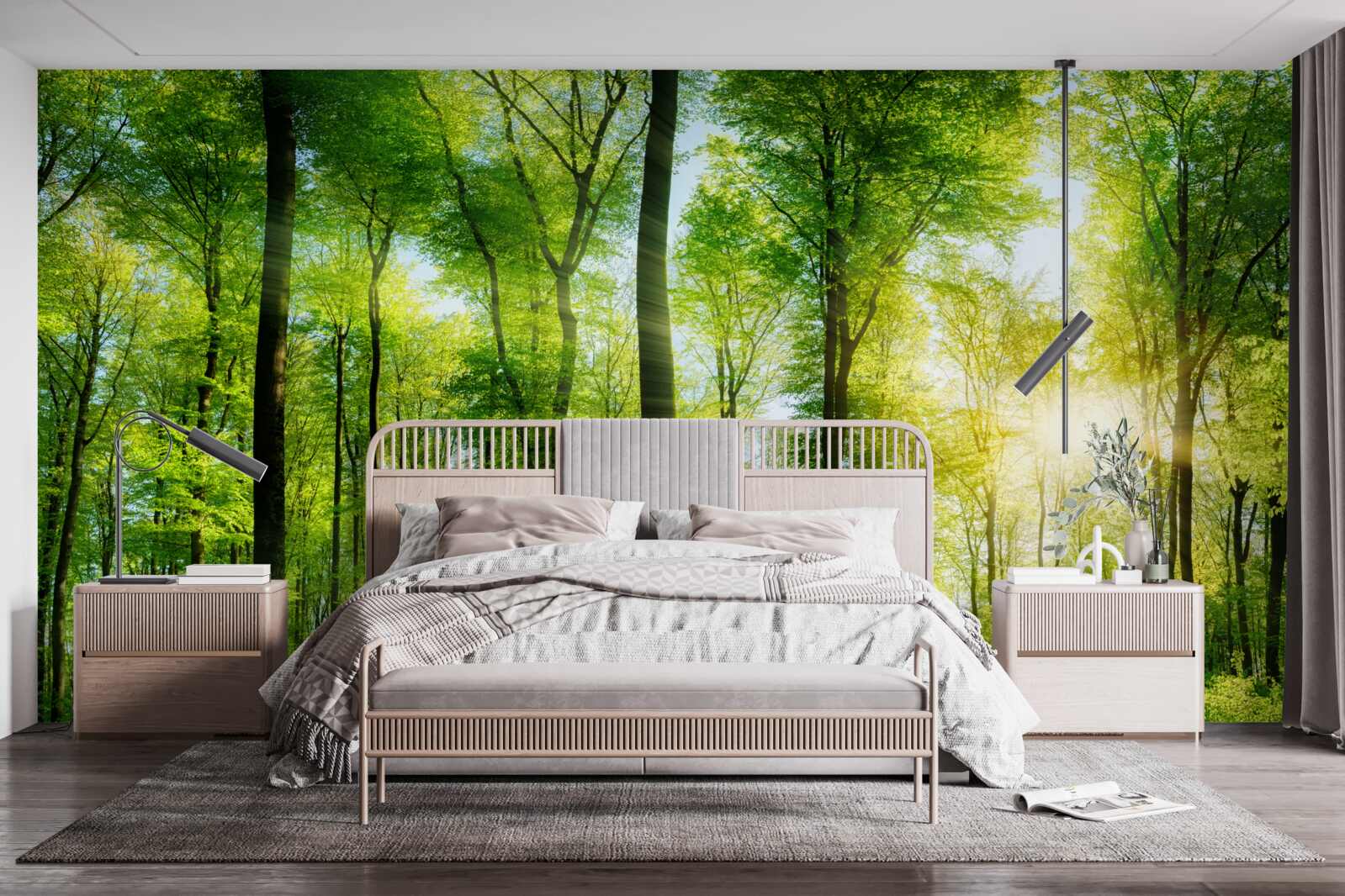 Papier peint les rayons du soleil pénètrent les feuilles des arbres