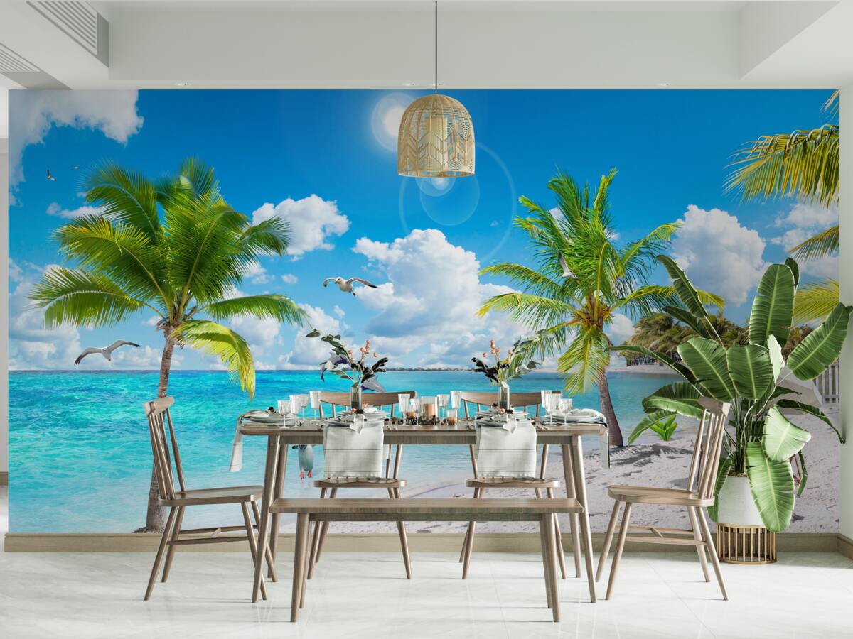 Papier peint plage de sable et de palmiers