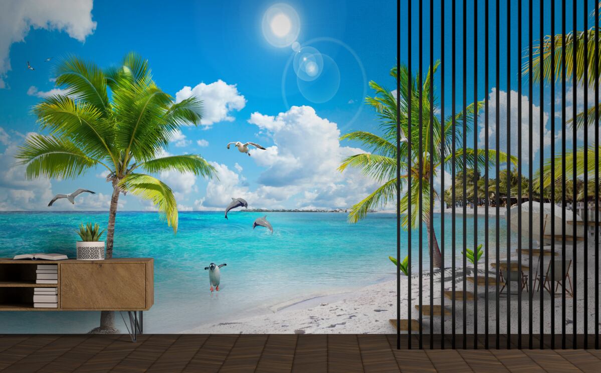 Papier peint plage de sable et de palmiers