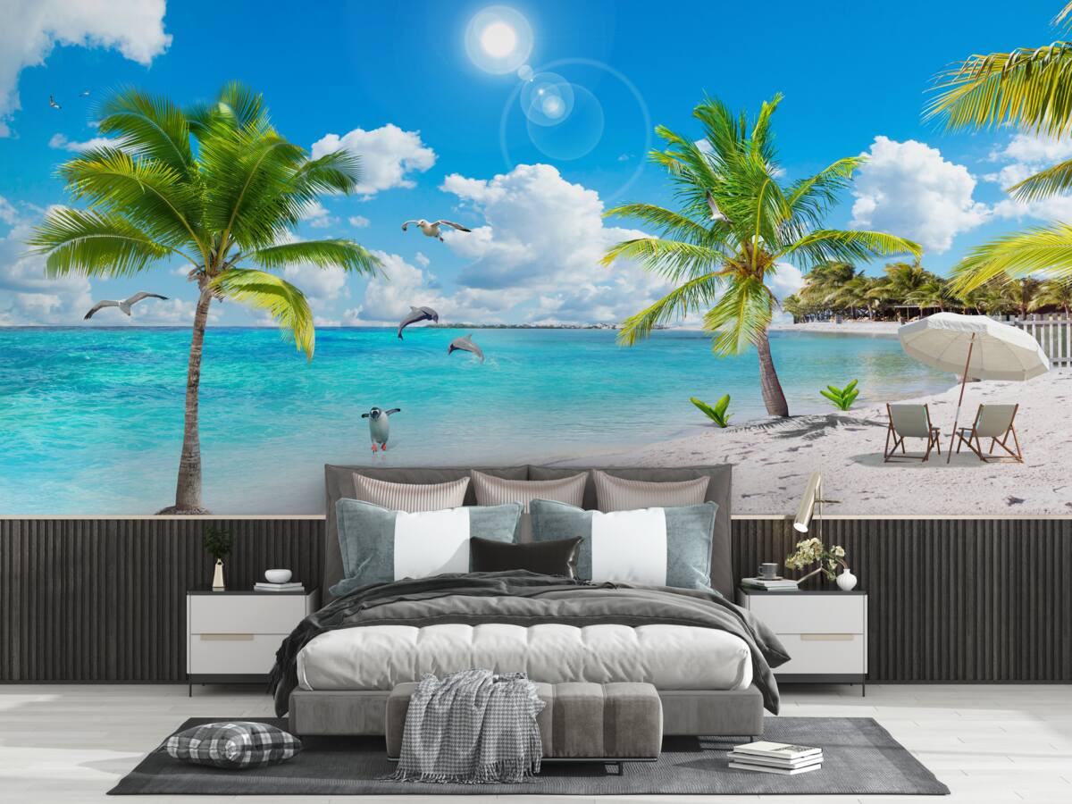 Papier peint plage de sable et de palmiers