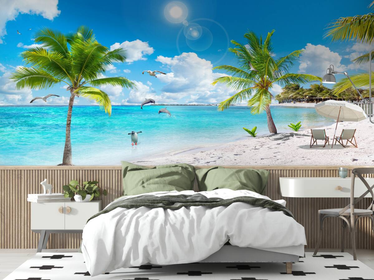 Papier peint plage de sable et de palmiers