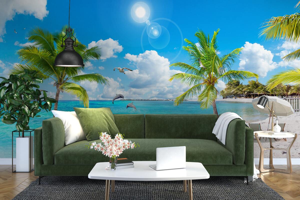 Papier peint plage de sable et de palmiers