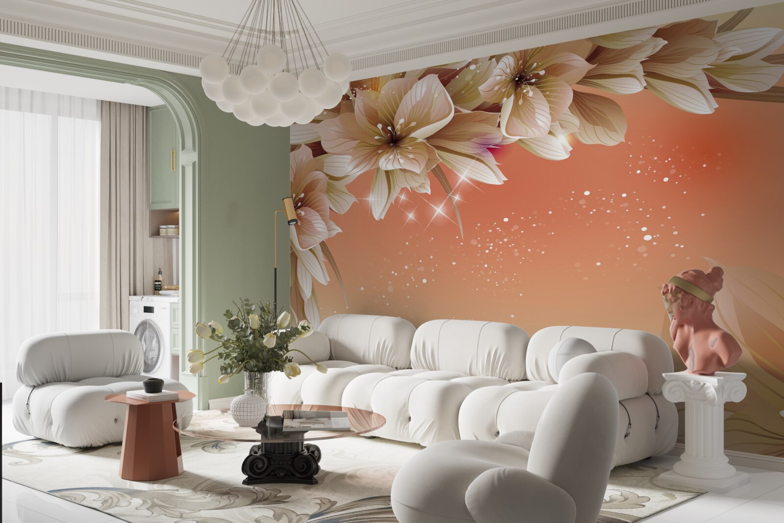 Papier peint fleurs blanches s'épanouissant sur une branche sur fond de coucher de soleil