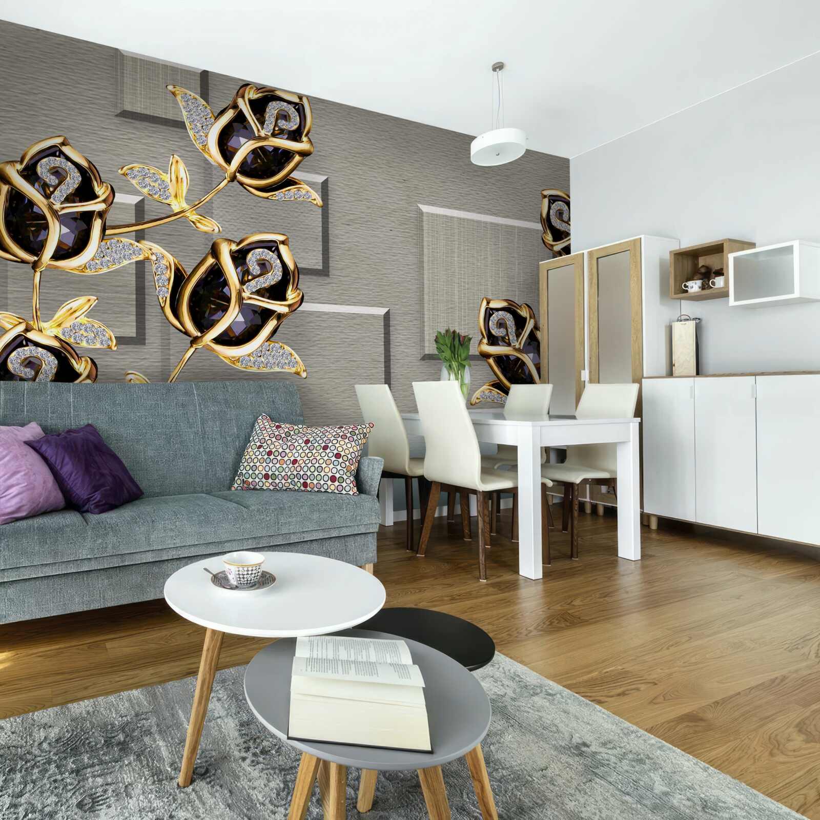 Papier peint roses noires avec cadre doré