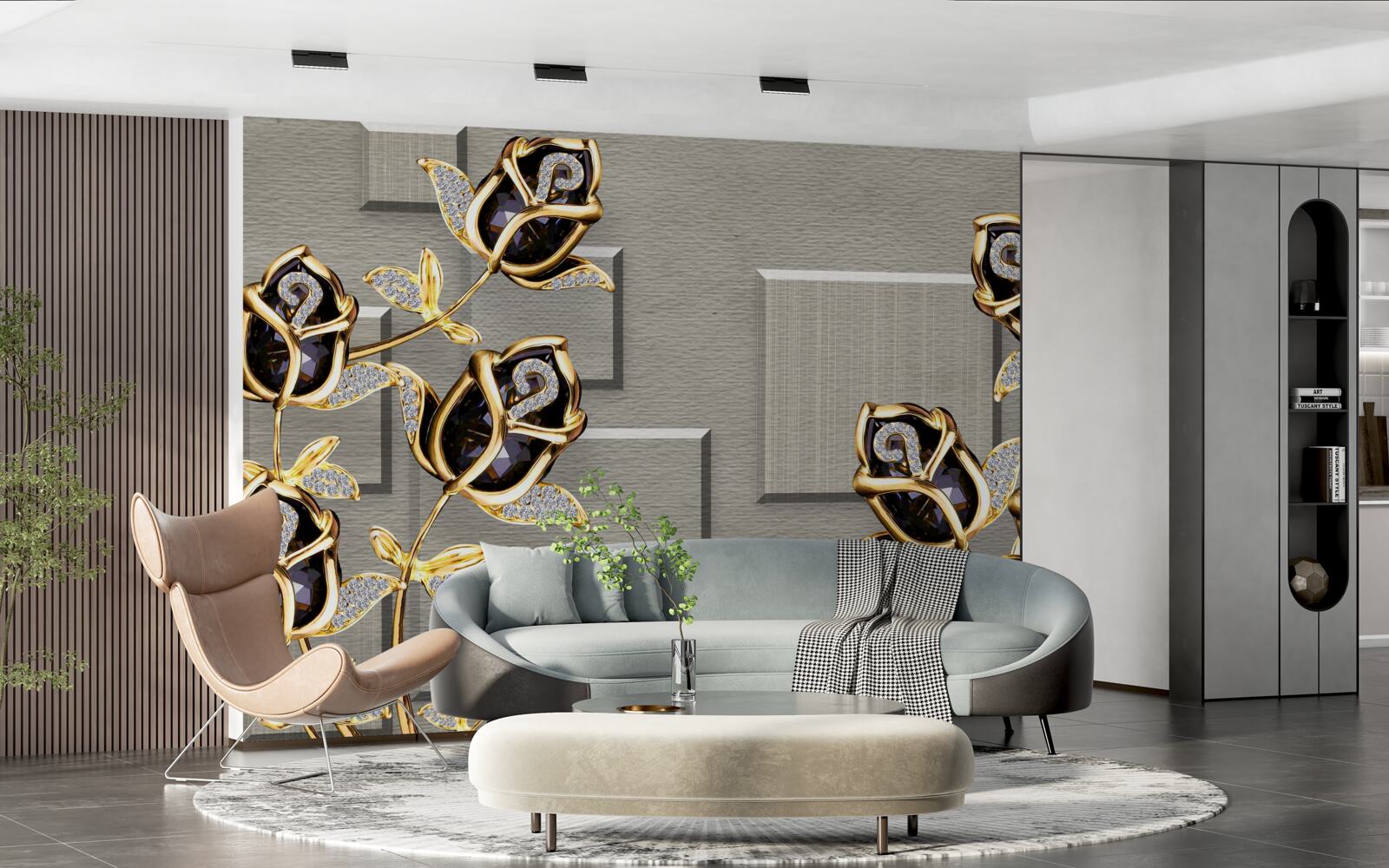 Papier peint roses noires avec cadre doré