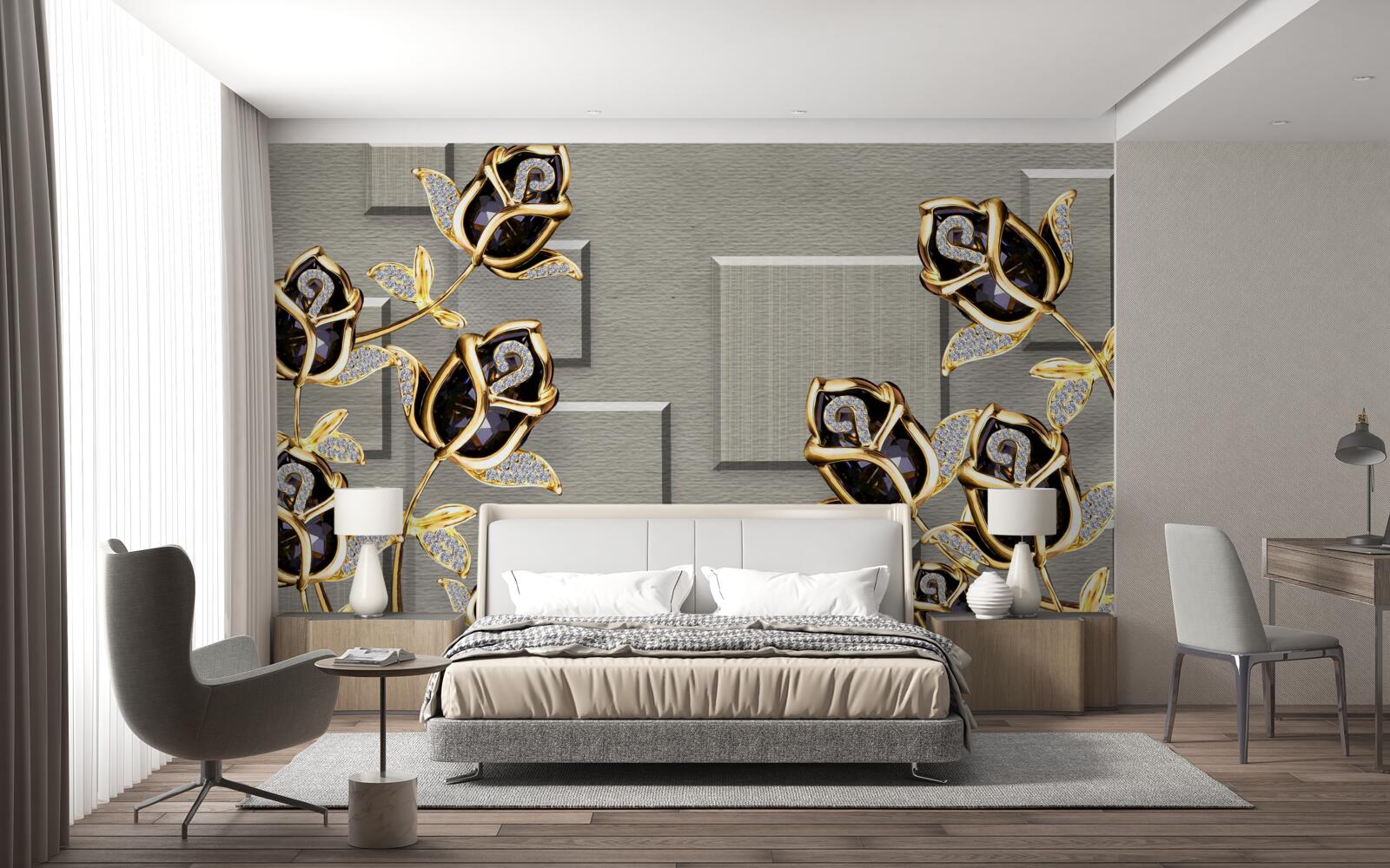 Papier peint roses noires avec cadre doré