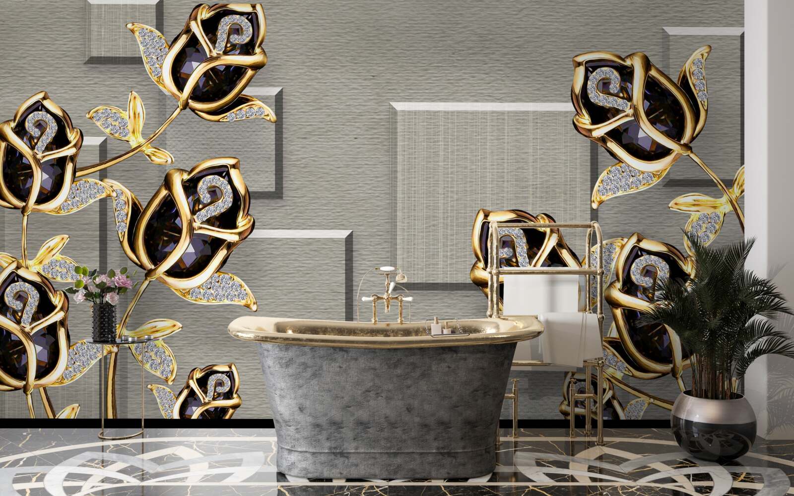 Papier peint roses noires avec cadre doré