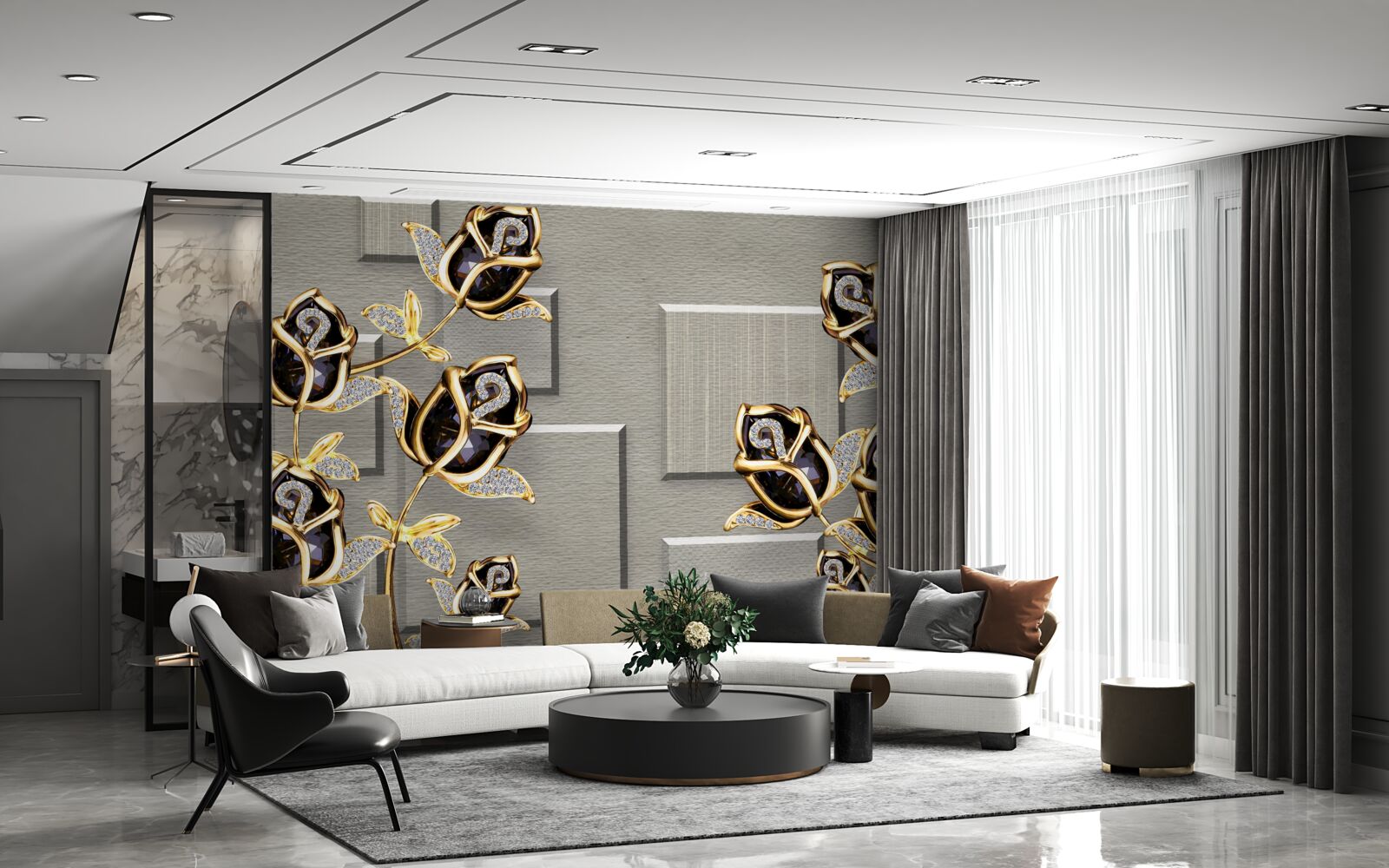 Papier peint roses noires avec cadre doré