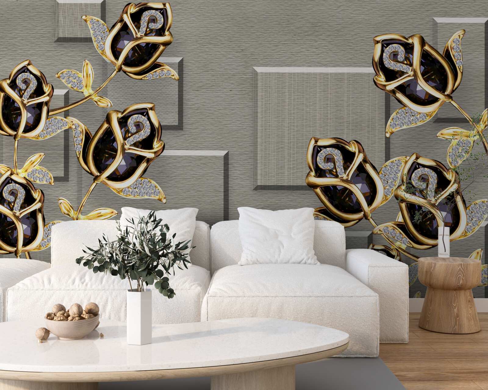 Papier peint roses noires avec cadre doré