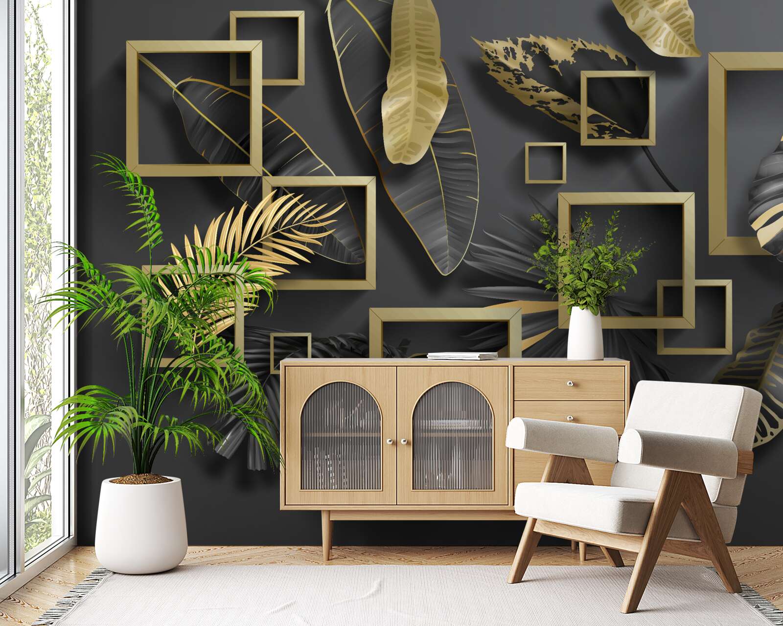 Papier peint encadré de plumes noires et or