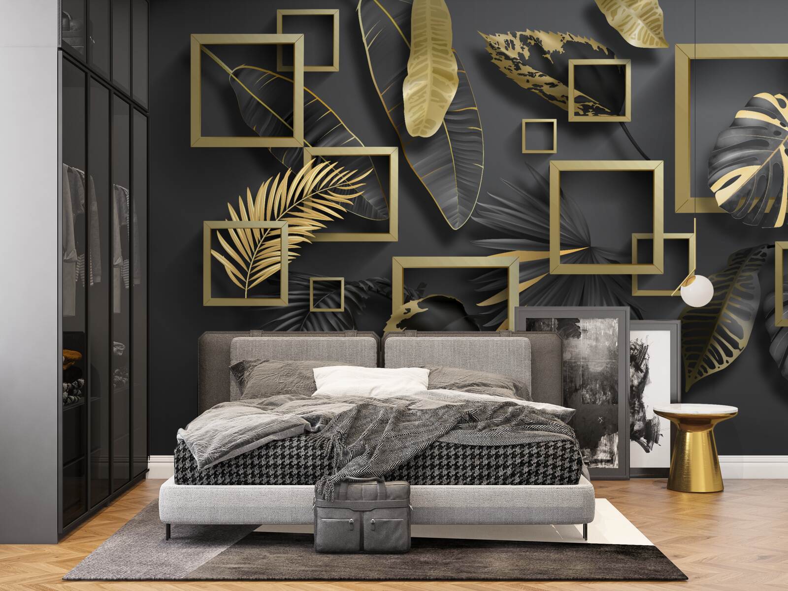 Papier peint encadré de plumes noires et or