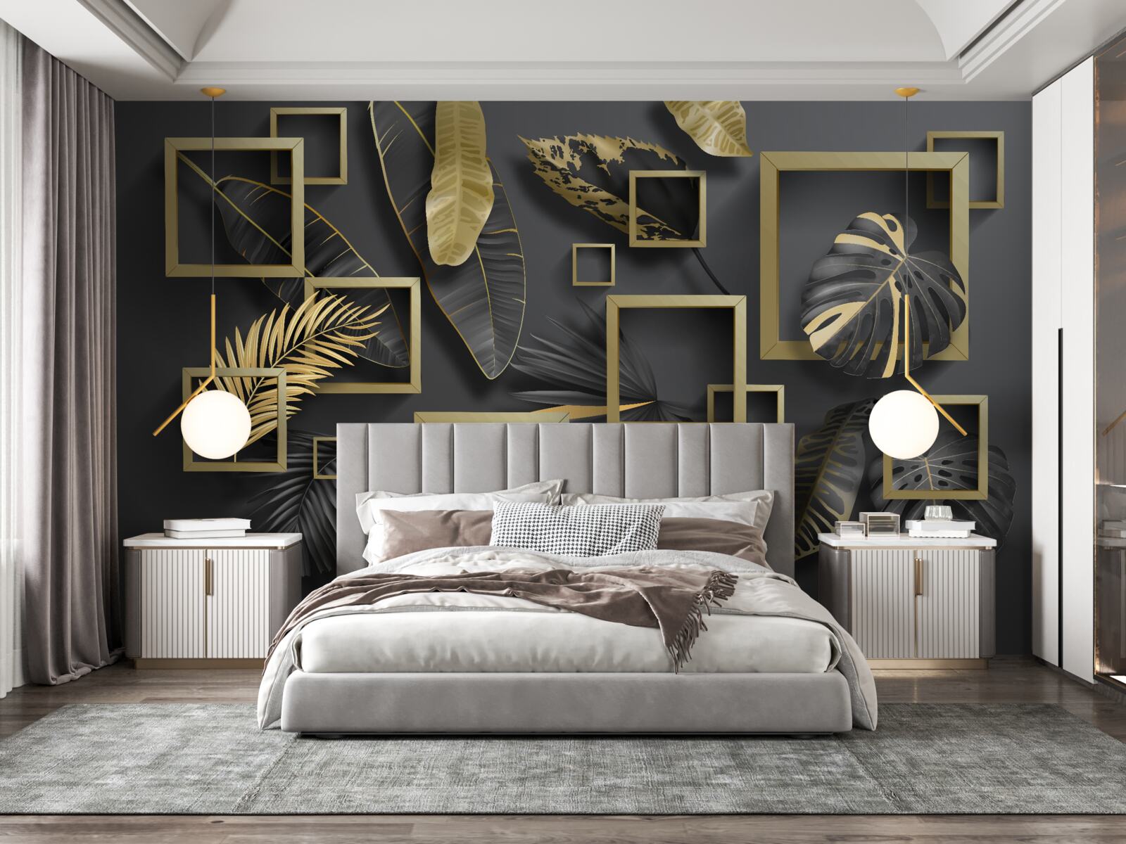 Papier peint encadré de plumes noires et or