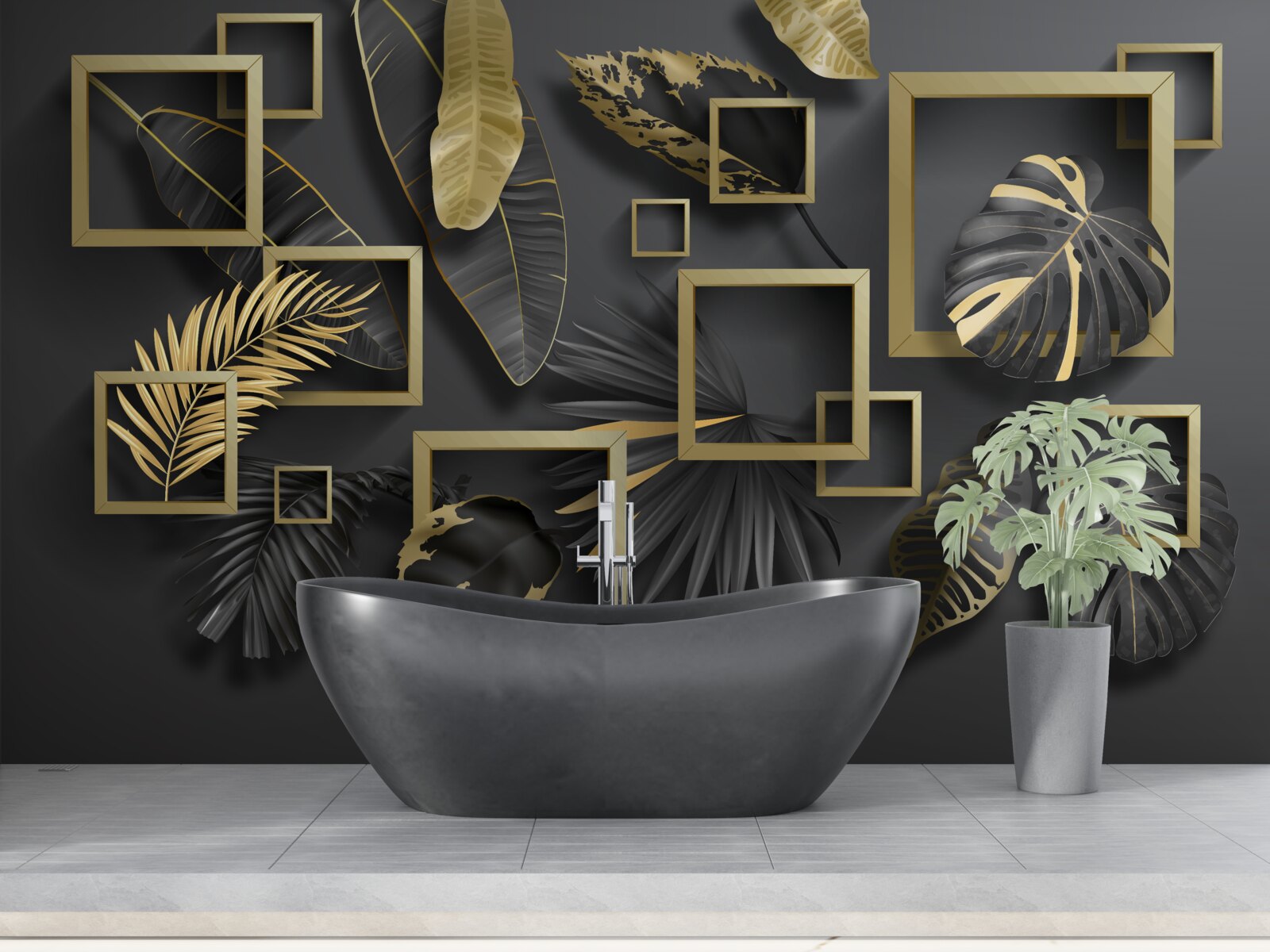 Papier peint encadré de plumes noires et or