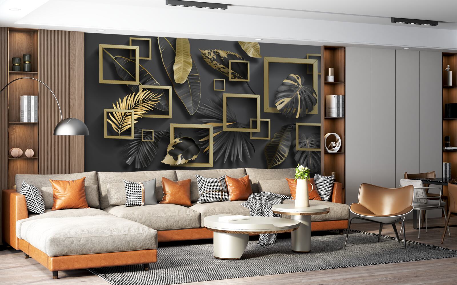 Papier peint encadré de plumes noires et or