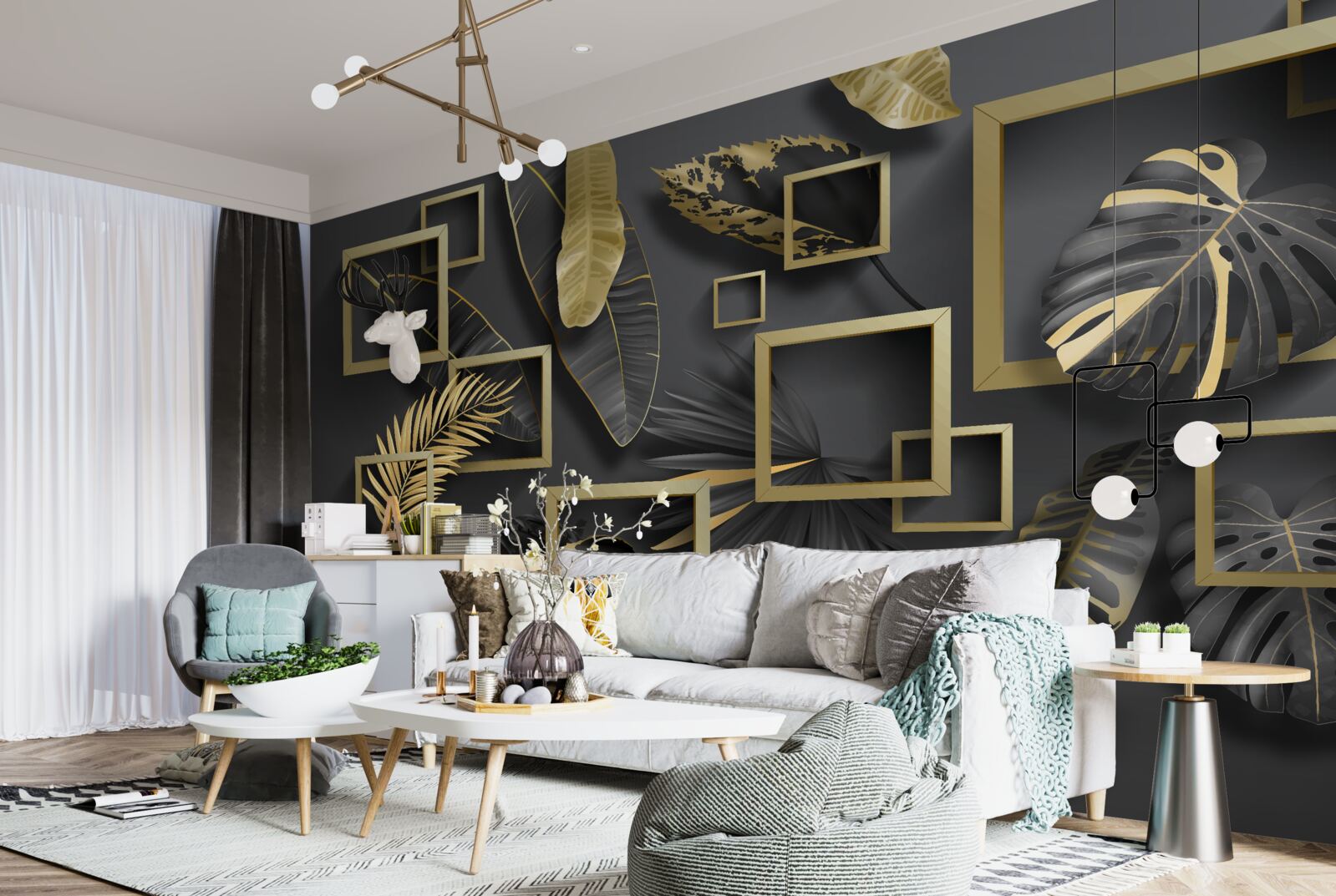 Papier peint encadré de plumes noires et or