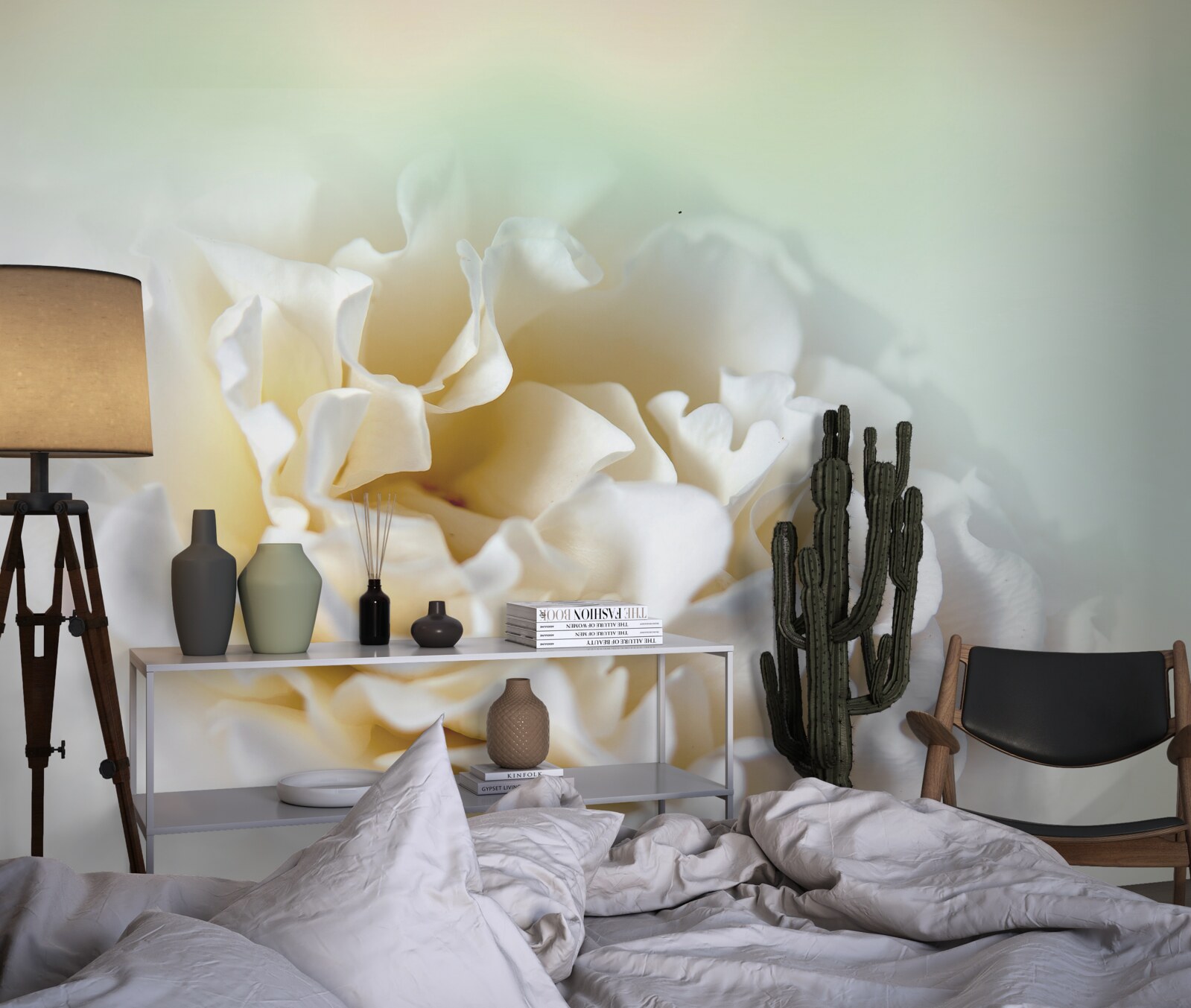 Papier peint fond de pivoines dans des tons crémeux et duveteux