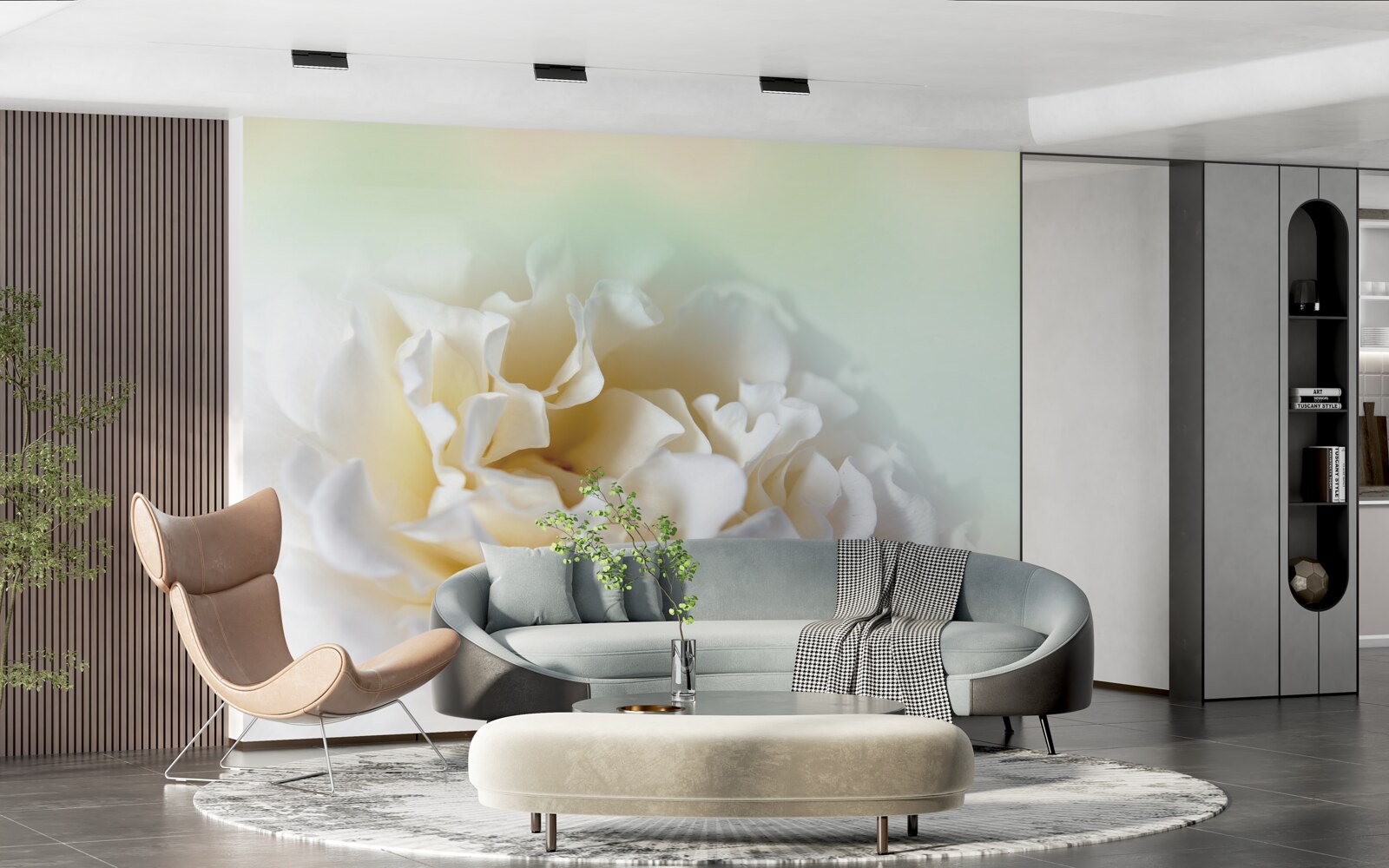 Papier peint fond de pivoines dans des tons crémeux et duveteux