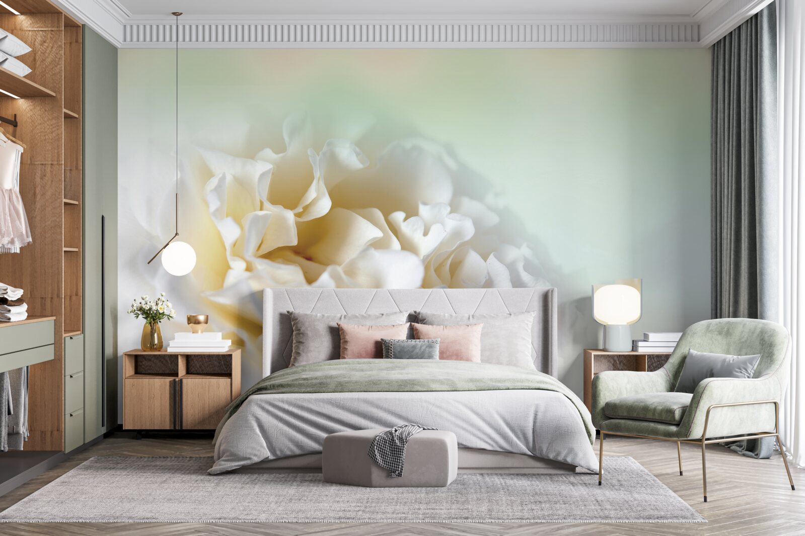 Papier peint fond de pivoines dans des tons crémeux et duveteux