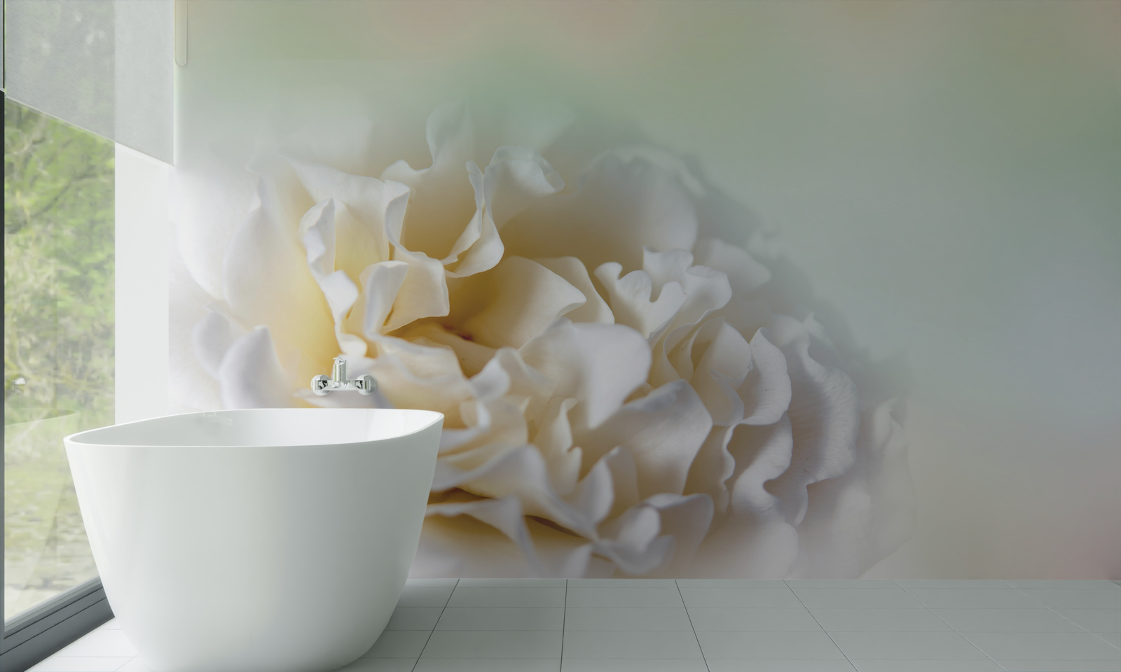 Papier peint fond de pivoines dans des tons crémeux et duveteux