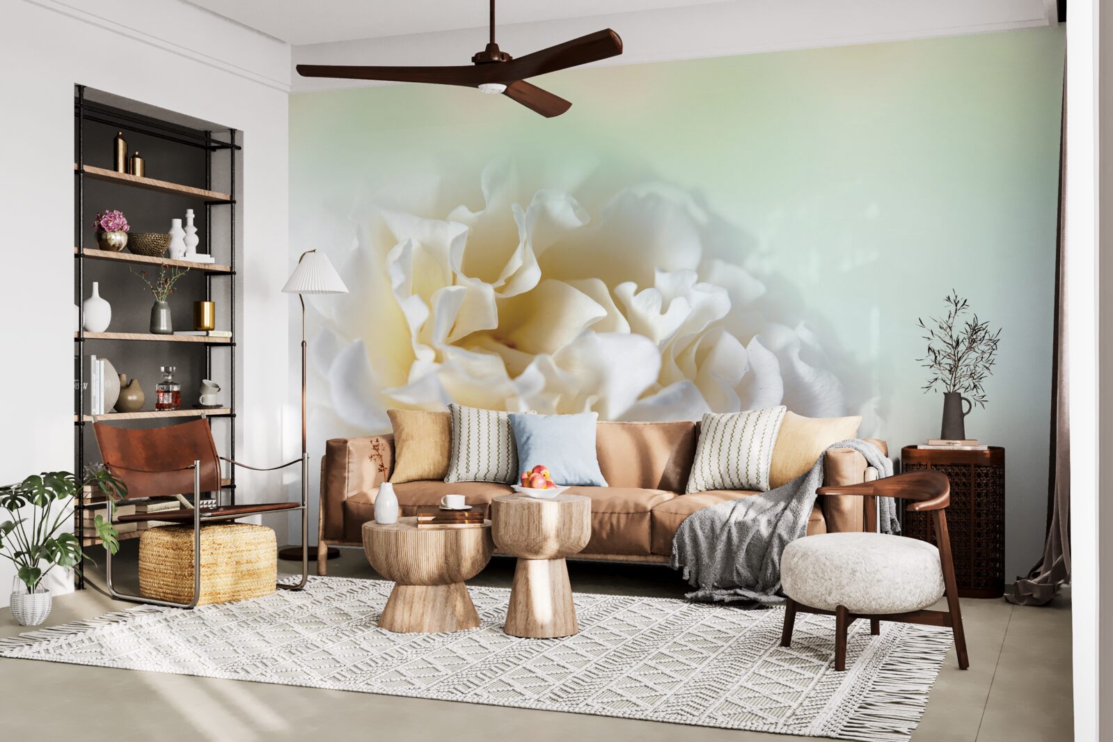 Papier peint fond de pivoines dans des tons crémeux et duveteux