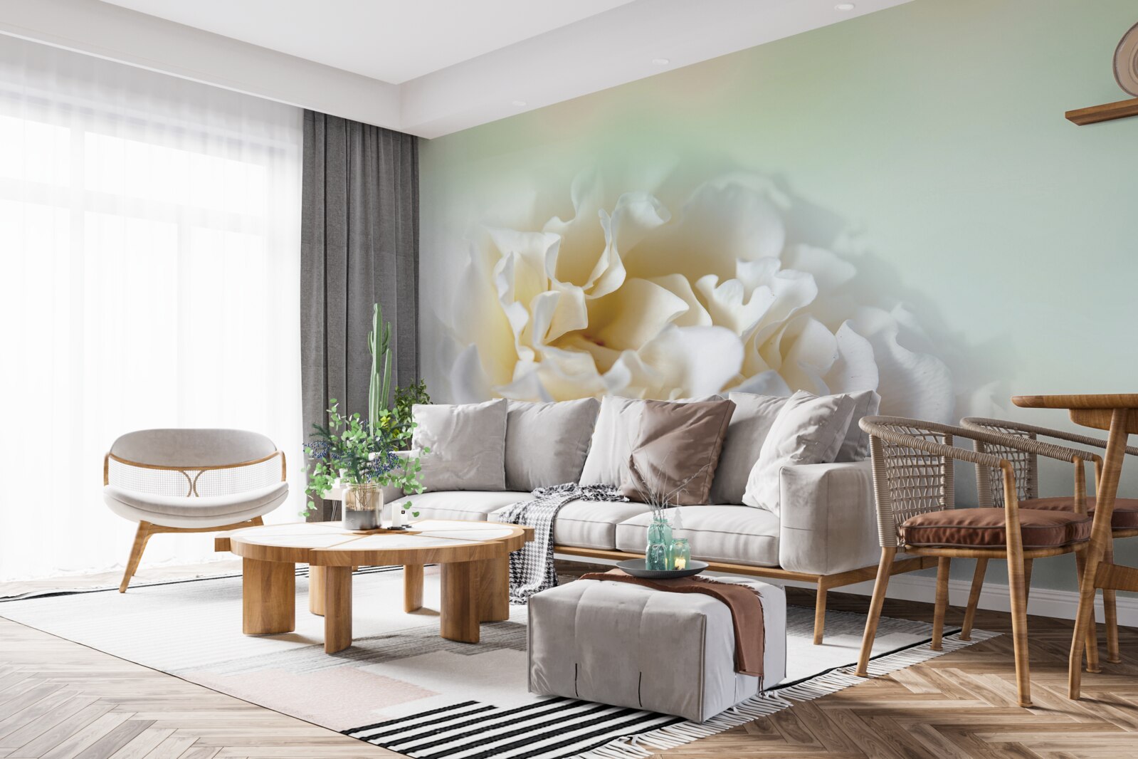 Papier peint fond de pivoines dans des tons crémeux et duveteux