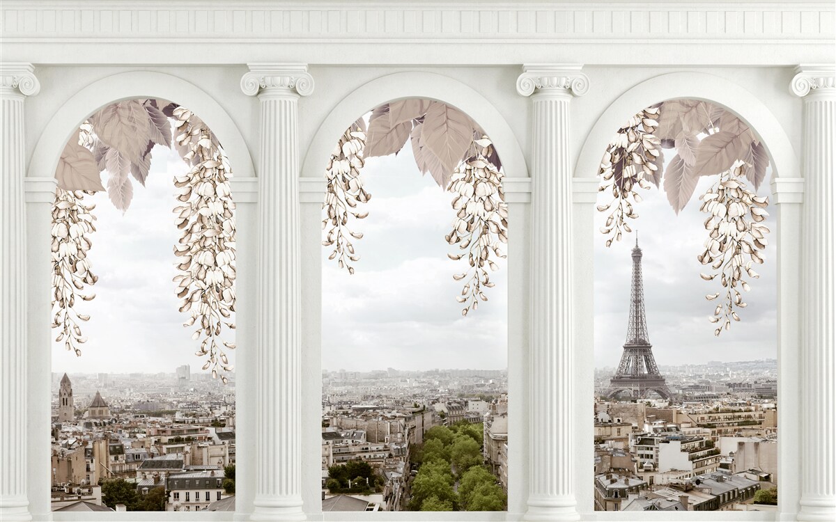 Papier peint arches florales avec vue imprenable sur paris