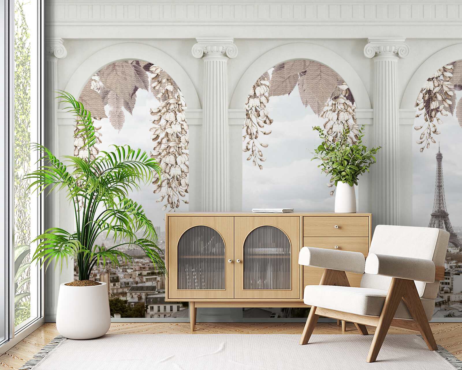 Papier peint arches florales avec vue imprenable sur paris