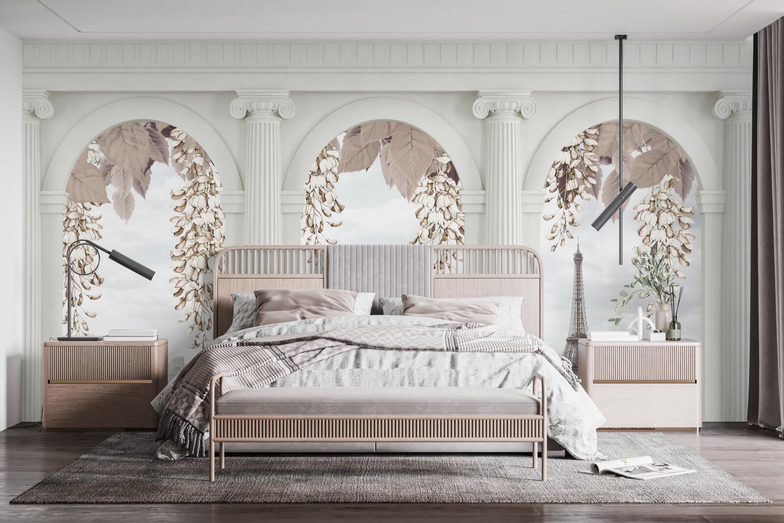 Papier peint arches florales avec vue imprenable sur paris