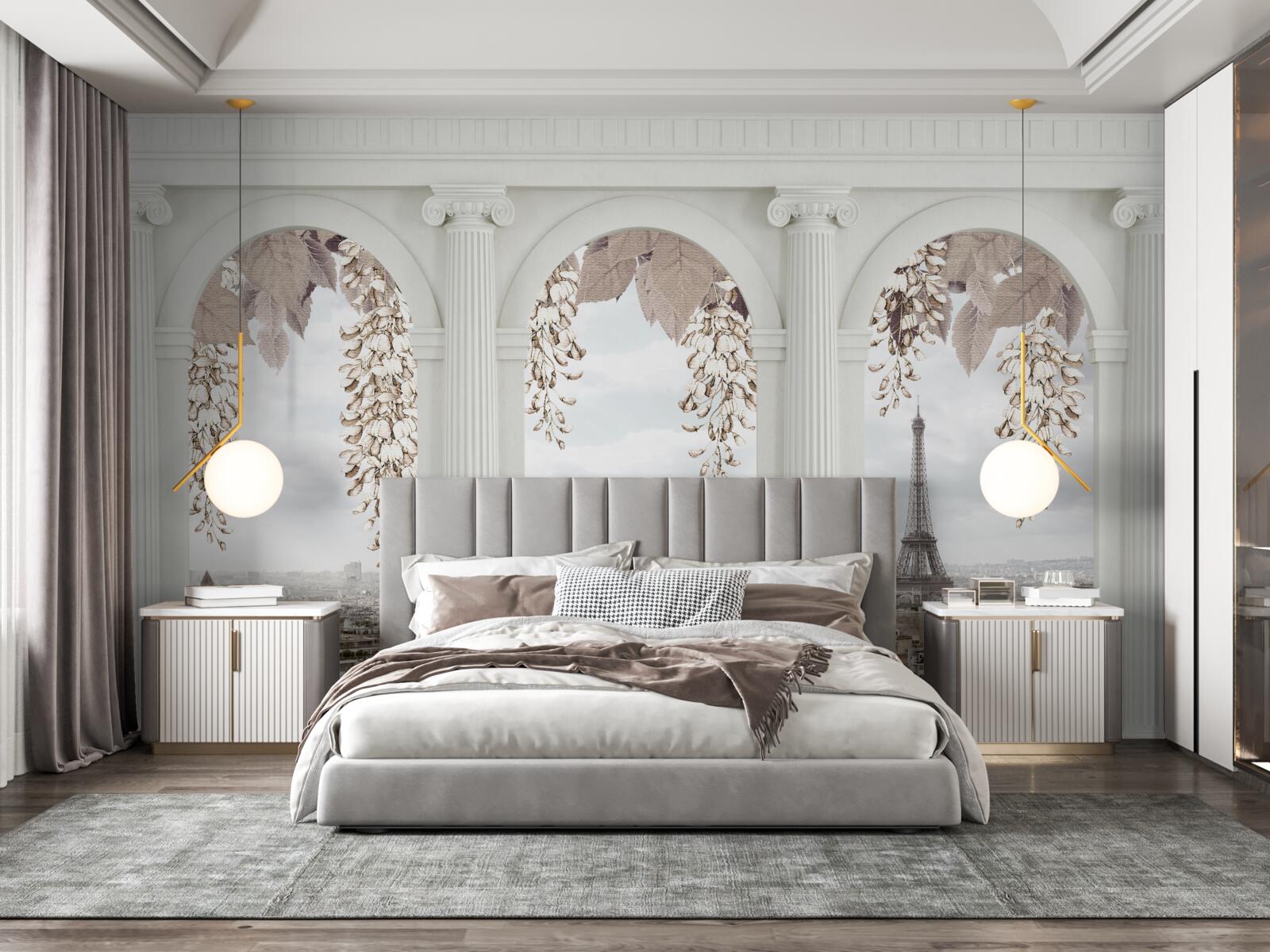 Papier peint arches florales avec vue imprenable sur paris