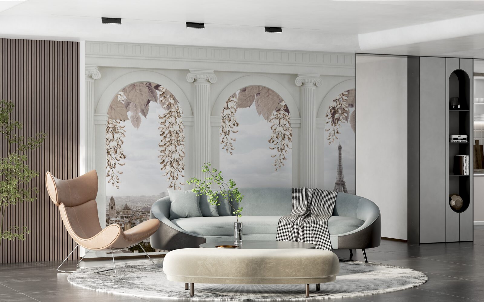 Papier peint arches florales avec vue imprenable sur paris